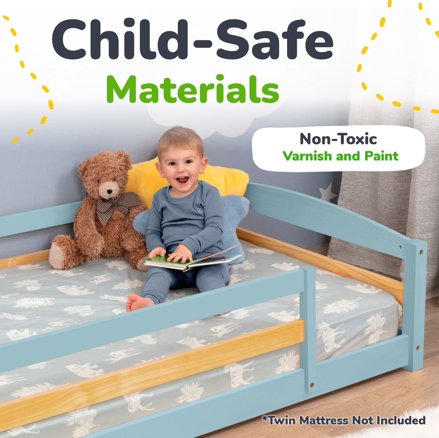 Twin Size Montessori-Inspired Floor Bed with Safety Guardrails for Kids
