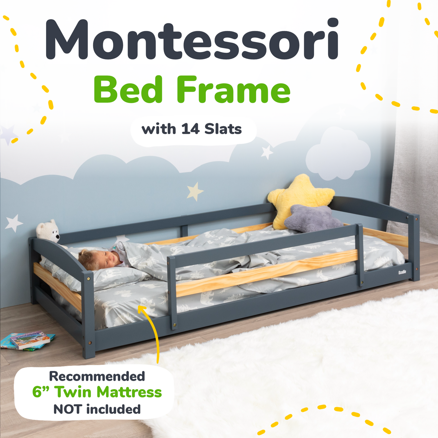 Twin Size Montessori-Inspired Floor Bed with Safety Guardrails for Kids
