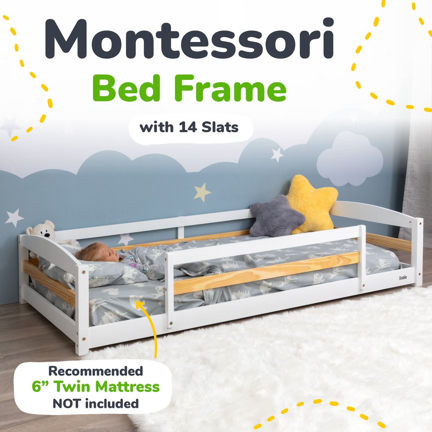 Twin Size Montessori-Inspired Floor Bed with Safety Guardrails for Kids