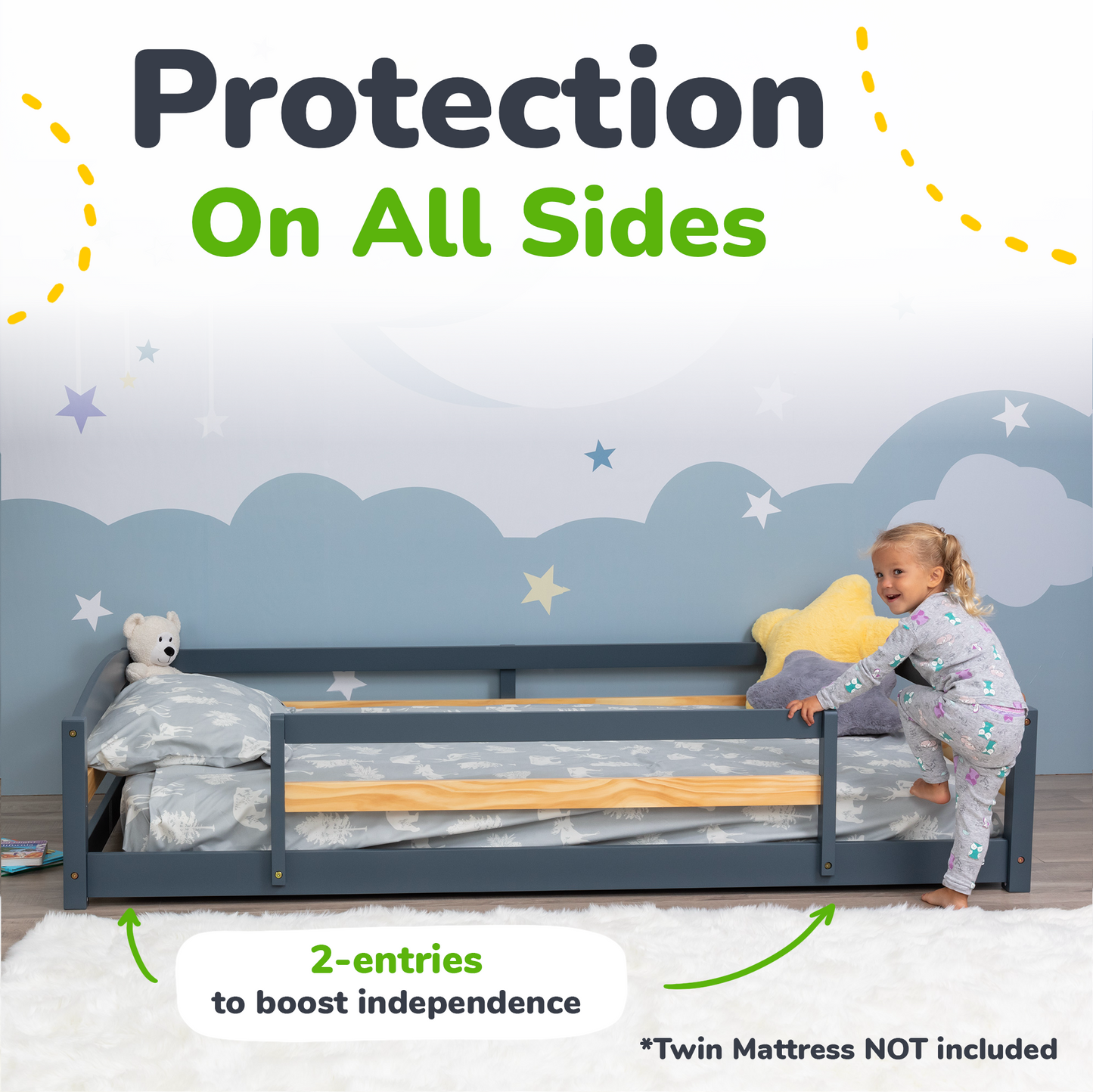 Twin Size Montessori-Inspired Floor Bed with Safety Guardrails for Kids