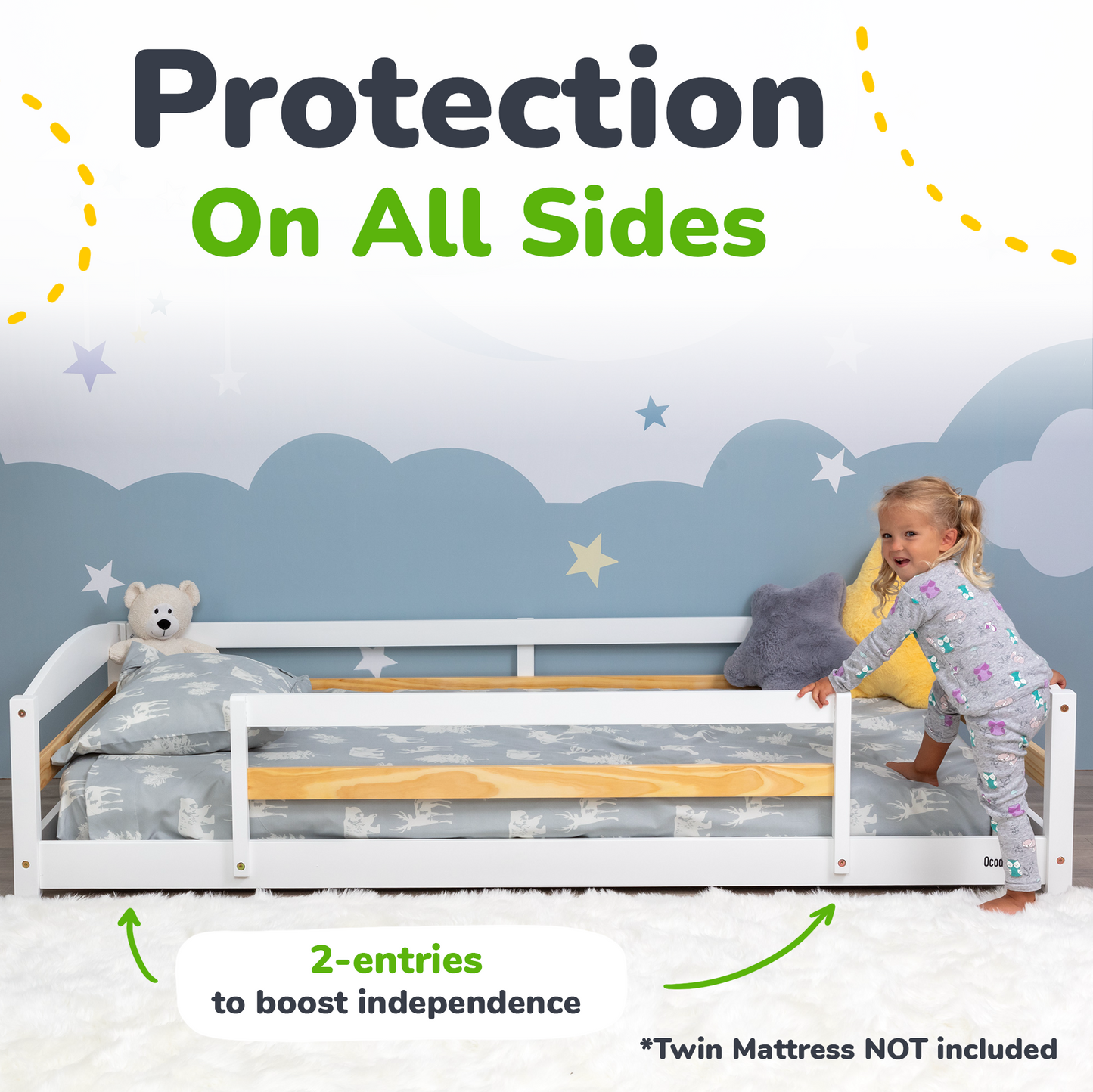 Twin Size Montessori-Inspired Floor Bed with Safety Guardrails for Kids