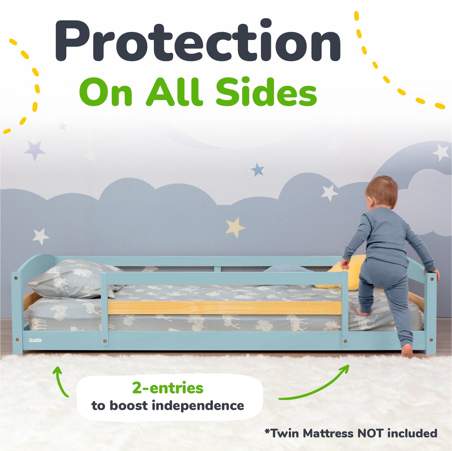 Twin Size Montessori-Inspired Floor Bed with Safety Guardrails for Kids