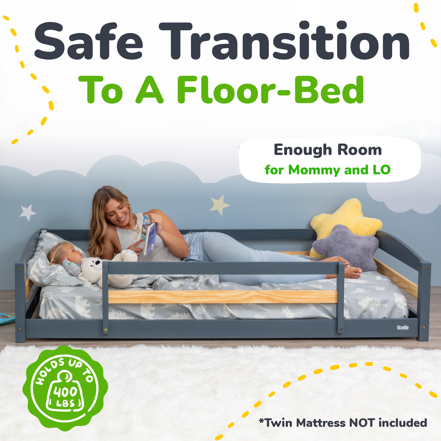 Twin Size Montessori-Inspired Floor Bed with Safety Guardrails for Kids