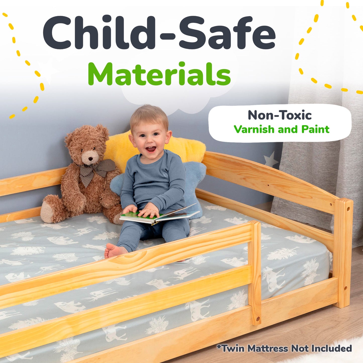 Twin Size Montessori-Inspired Floor Bed with Safety Guardrails for Kids