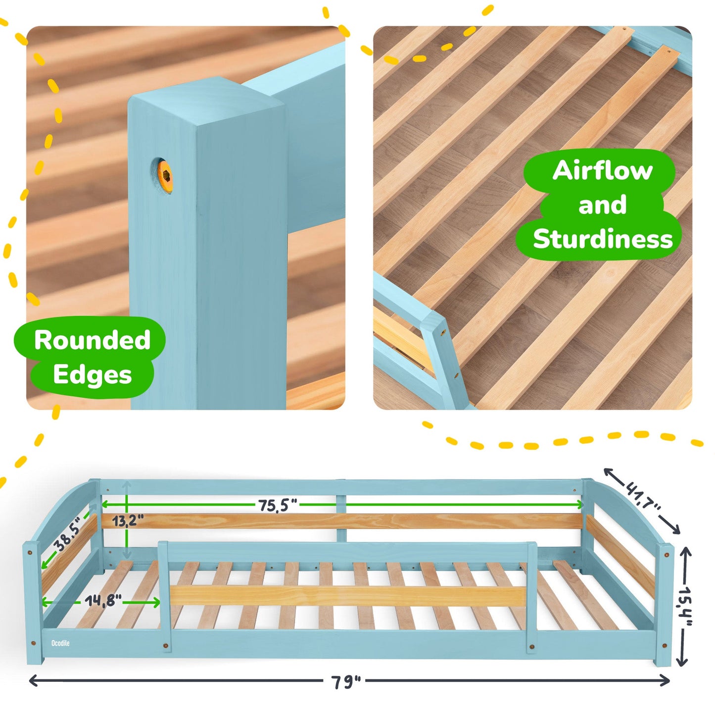 Twin Size Montessori-Inspired Floor Bed with Safety Guardrails for Kids