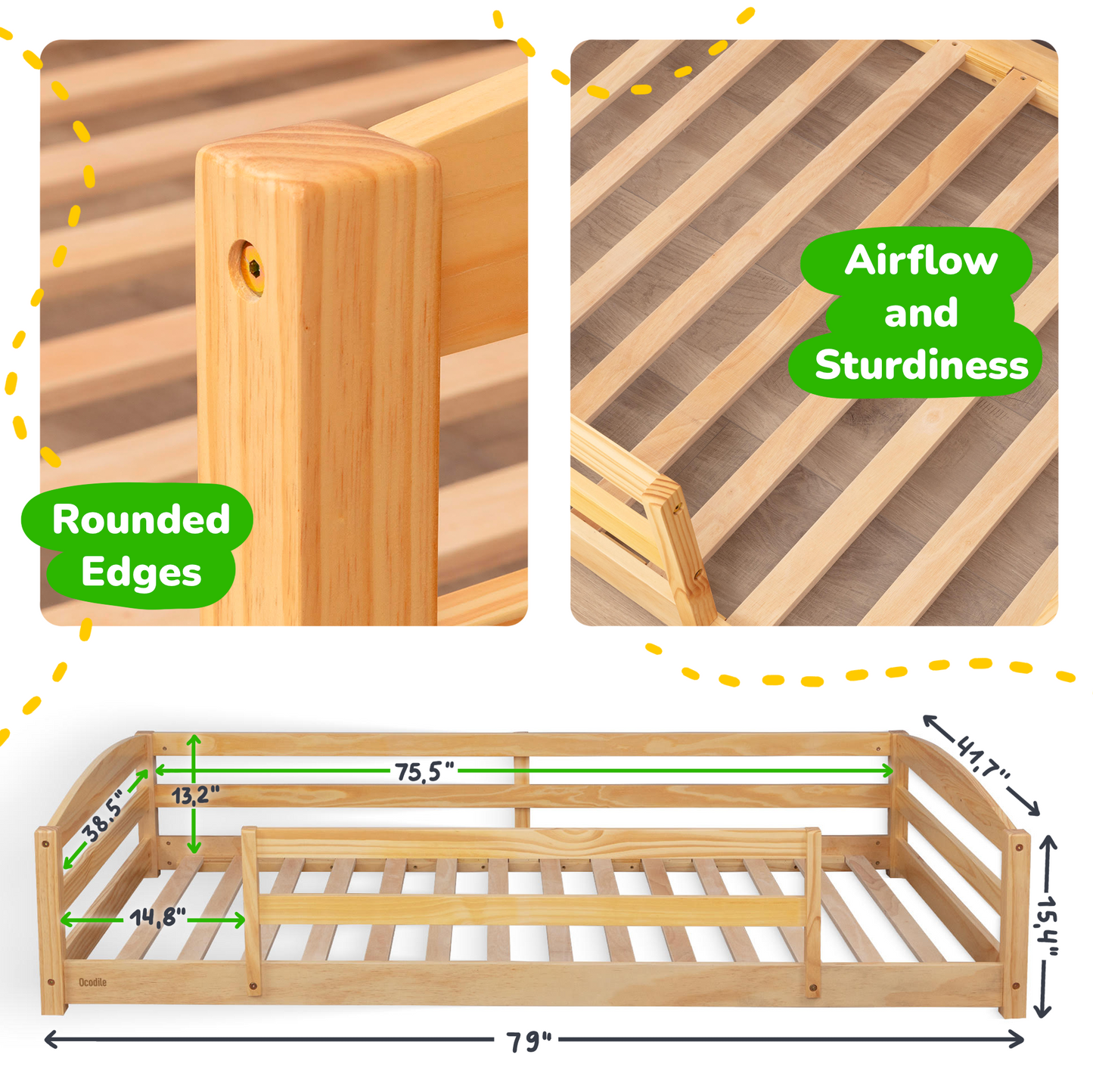 Twin Size Montessori-Inspired Floor Bed with Safety Guardrails for Kids