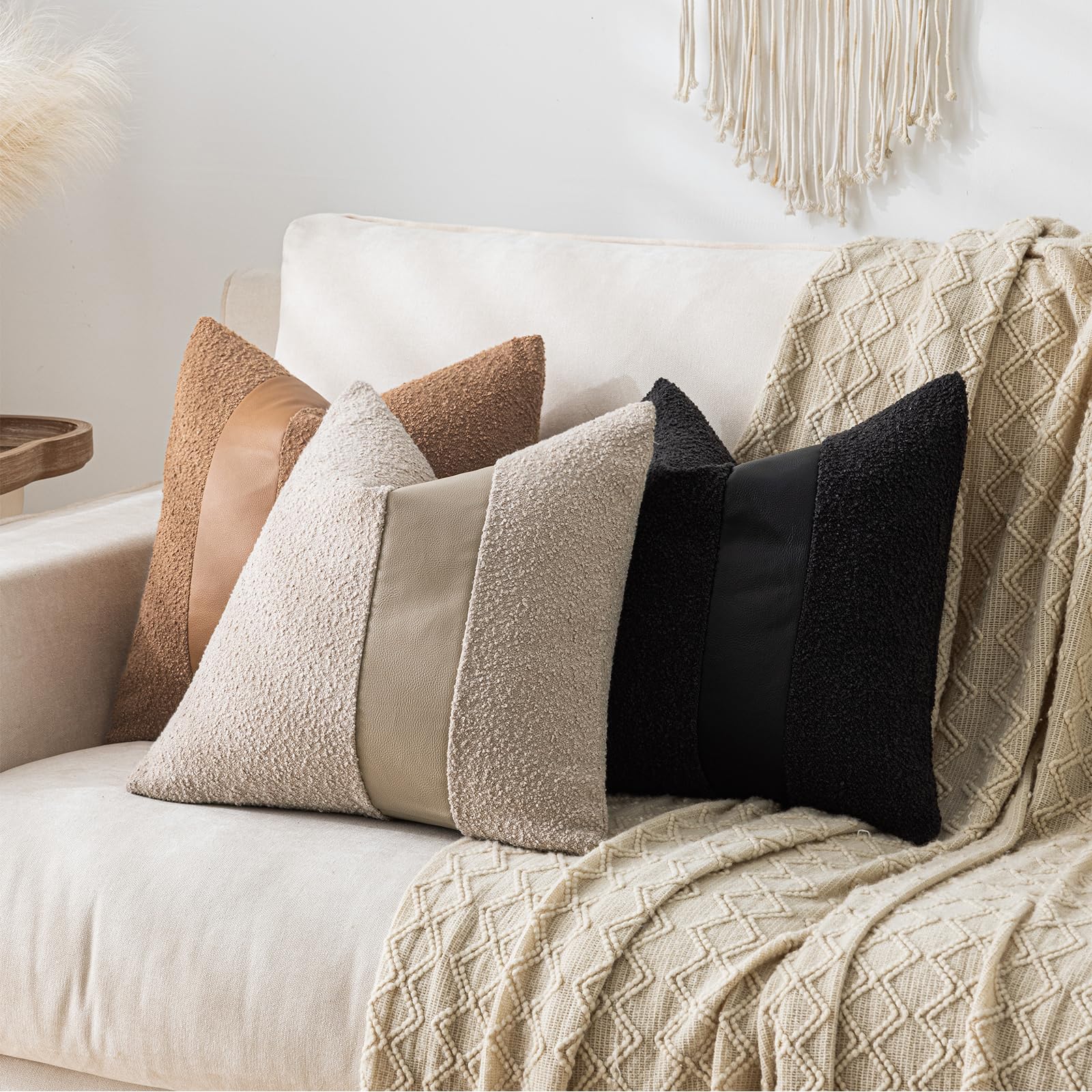 Laolitou 2 Pack Boucle Pillow Covers 18x18 Inch Faux Leather Oatmeal