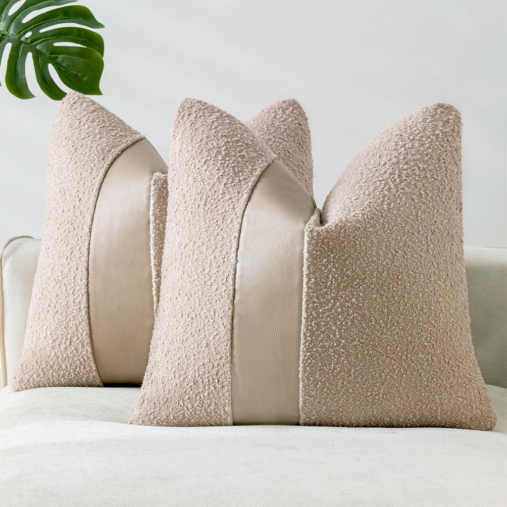 Laolitou 2 Pack Boucle Pillow Covers 18x18 Inch Faux Leather Oatmeal
