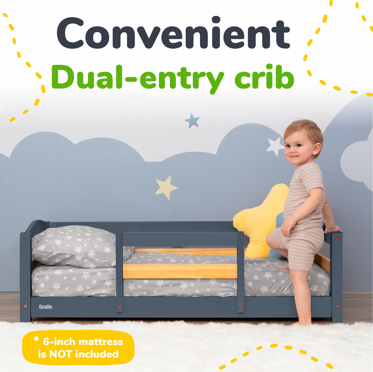 Crib Size Wooden Floor Bed with Safety Rails for Kids Age 1–3