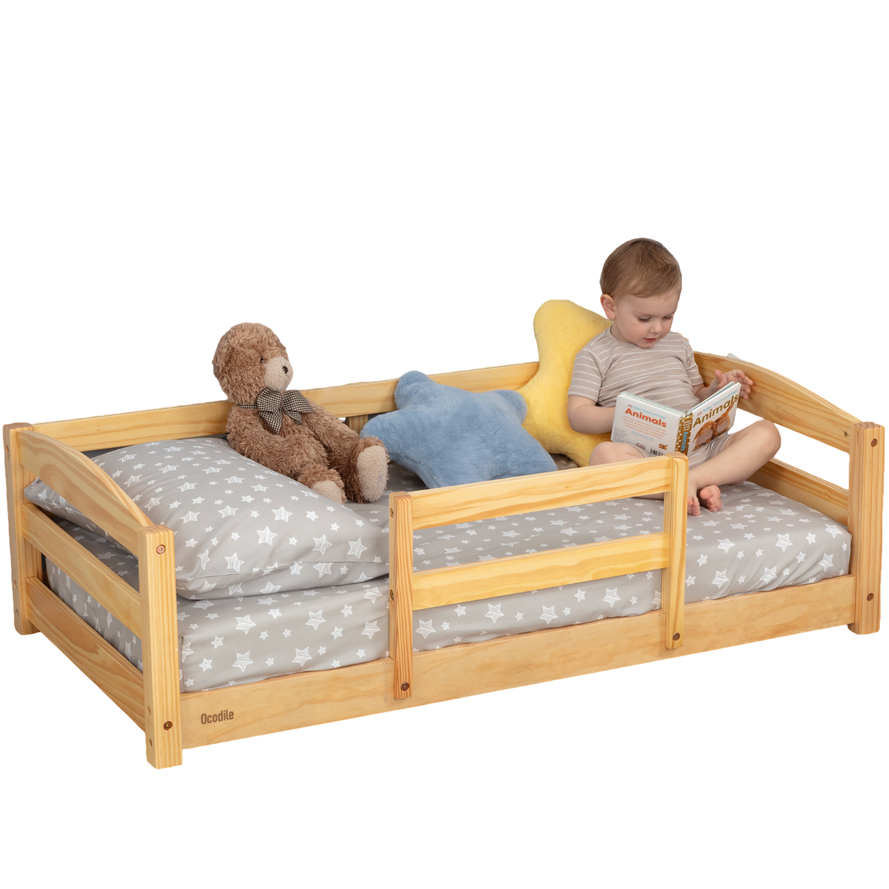 Crib Size Wooden Floor Bed with Safety Rails for Kids Age 1–3