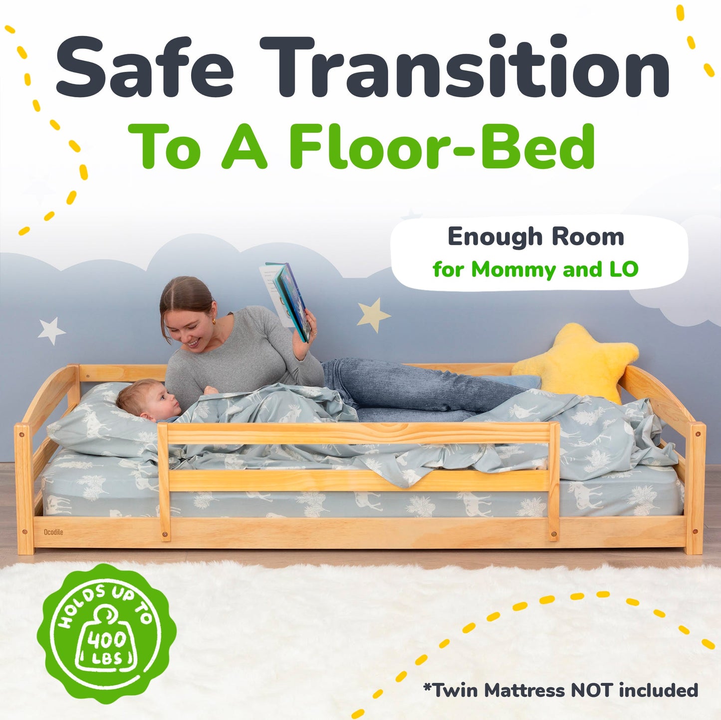 Twin Size Montessori-Inspired Floor Bed with Safety Guardrails for Kids