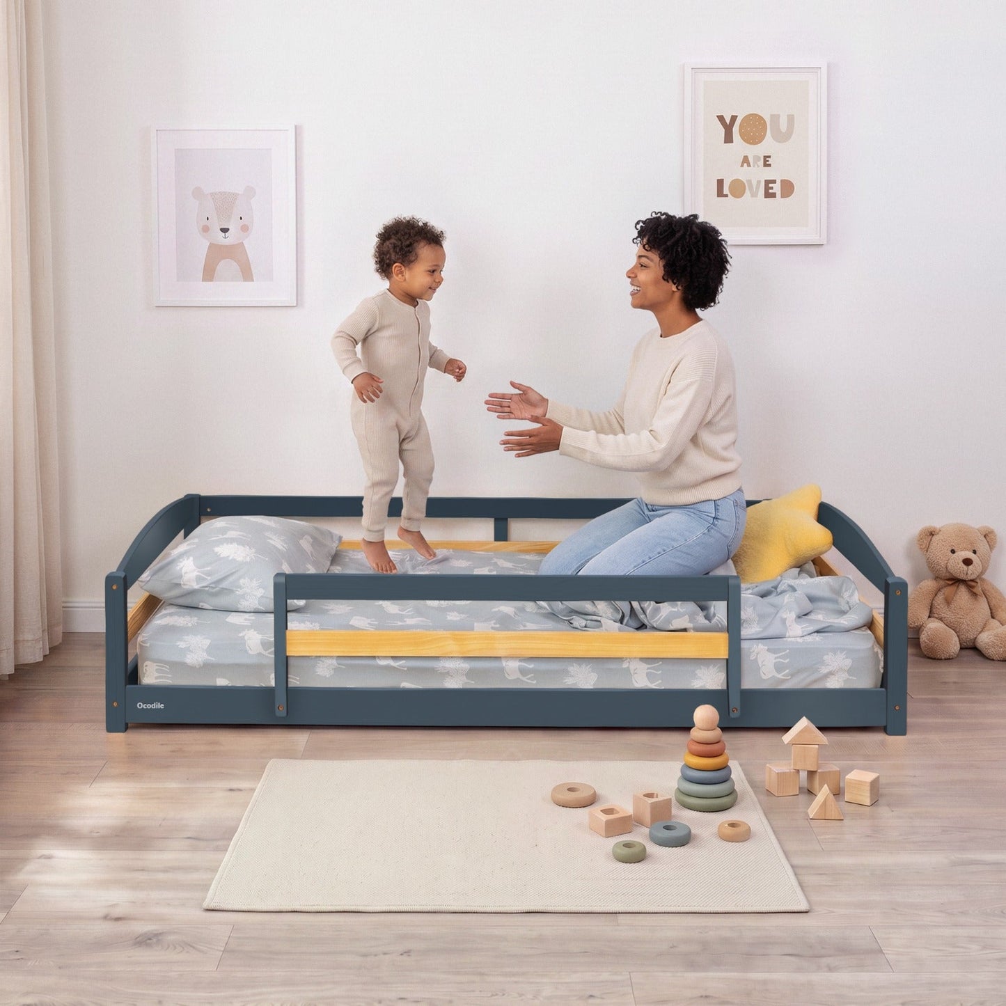 Twin Size Montessori-Inspired Floor Bed with Safety Guardrails for Kids