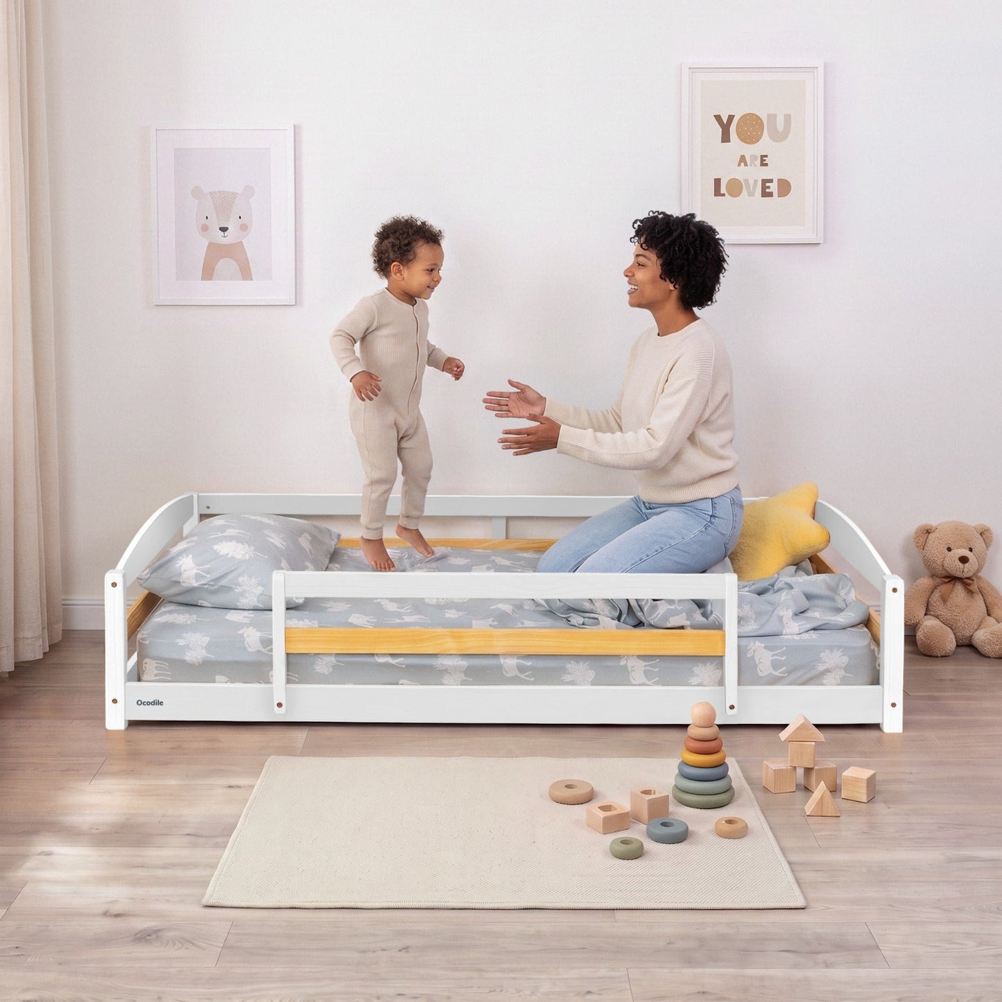 Twin Size Montessori-Inspired Floor Bed with Safety Guardrails for Kids