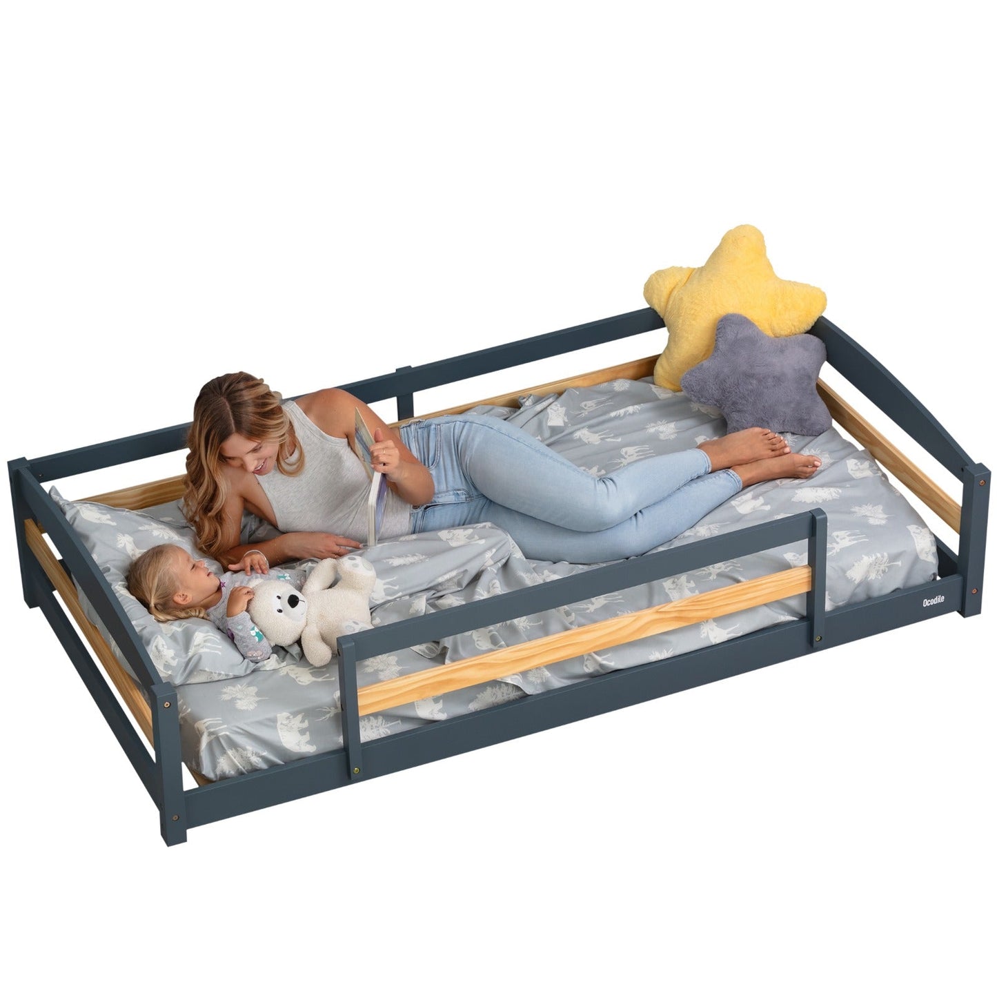 Twin Size Montessori-Inspired Floor Bed with Safety Guardrails for Kids